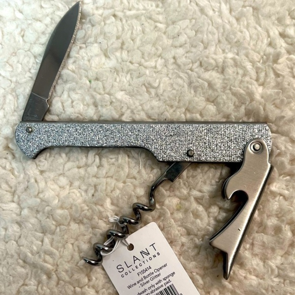 Slant Wine & Bottle Opener-Silver Glitter